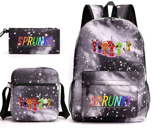 Sprunki - Mochila infantil de 3 piezas, mochila escolar de 17 pulgadas + bolsa cruzada + estuche para lápices, ligera y duradera para la escuela, viajes, A6., L