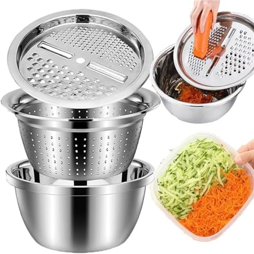 Multifunctional Stainless Steel Basin, New Colander Strainer Set, Stainless Steel Shredding & Drainage Chopping Basin, 3 In 1 Graters Cheese Grater Salad Maker Bowl Drain Basin (9.05 * 3.07) (1 Set)