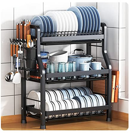 Escurreplatos Grande con escurridor y Soporte para Utensilios, Estante Organizador para encimera de Cocina, Resistente, Capacidad de Peso de 60 kg (Negro, 53 x 26 x 63 cm)