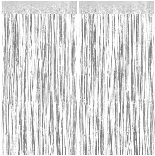 SULOLI 2 Stück Lametta Vorhang,Silber Glitzer Vorhang,Luftschlangen,Vorhang Hintergrund Dekoration für Party Deko Geburtstag Hochzeit Neujahr Halloween Karneval