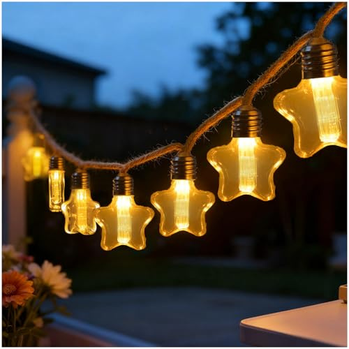 Ciskotu Solar & USB LED Stern Lichterkette Außen & Innen, Vintage Hanfseil, 8M 16 Lichter, Wetterfest, Weihnachtsdekoration für Garten, Balkon, Terrasse (Transparent)