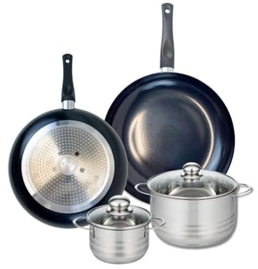 Elo Batterie cuisine 2 poêles 28/32 cm et 2 faitouts 14/20 cm | Cuisson complète et polyvalente, 2 poêles 28 et 32 cm, 2 faitouts 14 et 20 cm, Aluminium léger, Induction vitrocéramique gaz