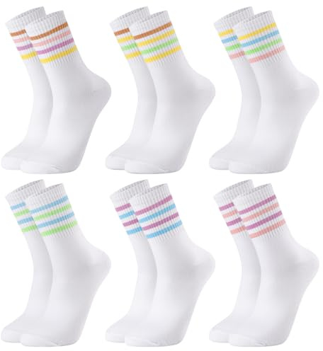 Utensilsto 6 Paar Tennissocken Damen Herren 39-42 Sportsocken Weiß Socken Retro Tennis Sport Socken mit Streifen Motiv Laufsocken Crew Socks für Lauf Arbeit Tennis Sport