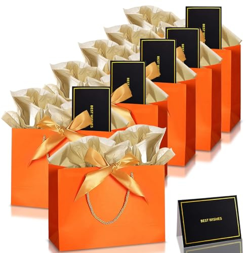 Geschenktüten mit Schleife,6 Stück Geschenktüten Papier mit Griffen Orange,6 Schleifenbändern 6 Grußkarten 12 Seidenpapier,Verpackung Geschenke für Geburtstag,Hochzeit,Festivalfeier,Party,Bogenpapier