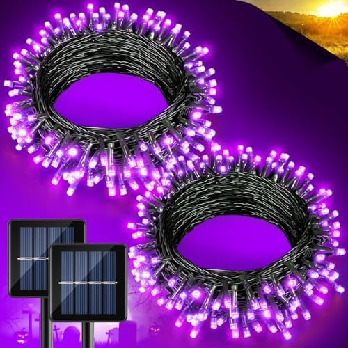 XmasBokeh Lot de 2 guirlandes lumineuses solaires d'Halloween de 240 LED violettes pour extérieur, 8 modes, étanches, à énergie solaire pour jardin, terrasse, arbre, décorations de vacances