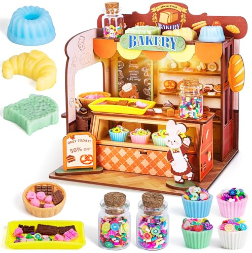 Thedttoy Wooden Dolls House,Craft Kits for Kids with LED Light,Miniature House,DIY Squishy Bread,Baking Role Playing Game,Creative Gift for Girl Age 6+(Bakery)