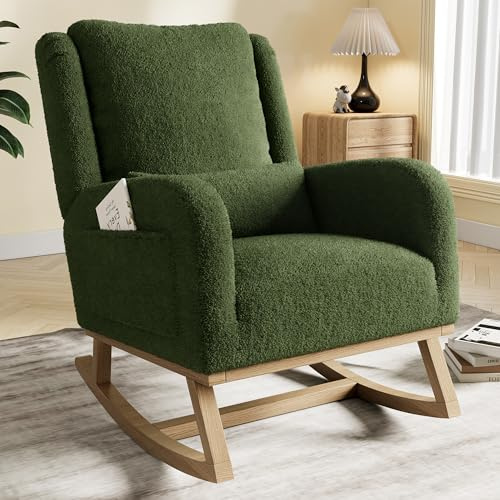 Schaukelstuhl mit weichem Kissen, Schaukelstuhl aus Velours, Schaukelstuhl, gepolsterter Sessel für Schlafzimmer, Wohnzimmer, Büro (dunkelgrün gepolstert)