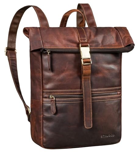 STILORD Cairo Vintage Kurierrucksack Rolltop Leder groß Herren Lederrucksack ideal als Bürorucksack Daypack und Fahrradrucksack Laptop-Rucksack 14-17,3 Zoll Farbe:cognac - dunkelbraun