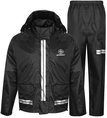 STORM Tuta Moto Impermeabile Antipioggia 2 Pezzi, Giacca Impermeabile e Pantaloni Tuta Abbinati, Colore Nero, Antivento con Cappuccio, Unisex Uomo Donna (Nero, Large)