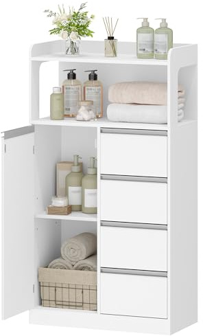 HEXCELEN Badezimmerschrank, Aufbewahrungsschrank, 30 x 60 x 110 cm | 4 Schubladen und Offenem Regal, Badschrank Hoch, Verstellbare Ablage, für Badezimmer, Wohnzimmer Weiß-Silber