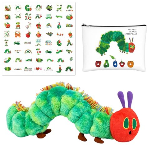 OhebEsx Die Kleine Raupe Nimmersatt Set, Kuscheltier, Aufbewahrungstasche Und 55 Sticker, Nimmersatt Kuscheltier Aus Weichem Plüsch, Raupe Spielzeug Für Kinder Ab 1 Jahr