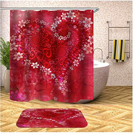 KnSam Bathroom Set 2 Pieces Polyester Waterproof Love Z86 Colorful Bathroom Mat 40X60 + Bathroom Curtain 150X200 Cm