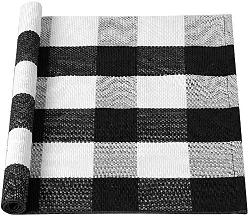 sourcing map Cotton Plaid Door Mat, Black & White Area Floor Rugs, Checkered Carpet for Indoor/Outdoor, Woven Washable Buffalo Mat, Retro Doormat Runner Rug for Front Porch/Kitchen 24x51