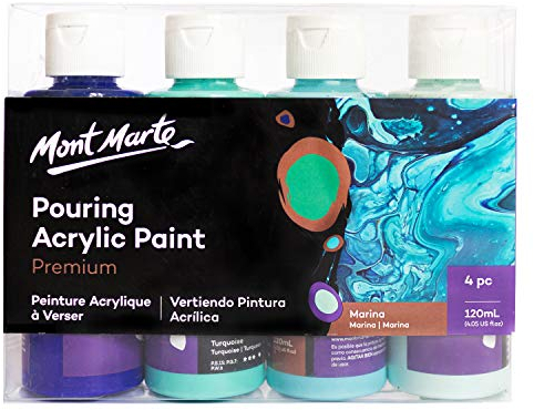 Mont Marte Pouring Set Marina – 4 Stück x 120ml – Acryl Pouring – Premium Acrylfarben mit Pouring Medium vorgemischt