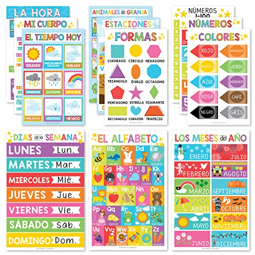 Hadley Designs 12 spanische Lernposter, zweisprachige Lerntabelle für Kinder, Kindergarten- und 1. Klasse, Klassenzimmer-Dekorationen, Alphabet, Farben, Zahlen, Monate des Jahres, Wochentage