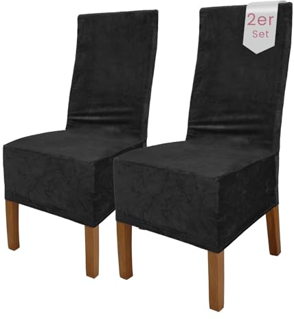 Scheffler Home Stuhlhussen Samt Schwarz 2er Set Puma | Weiche Velours-Stuhlbezüge, elastisch und waschbar, für Hochlehner, Polsterstühle und Esszimmerstühle