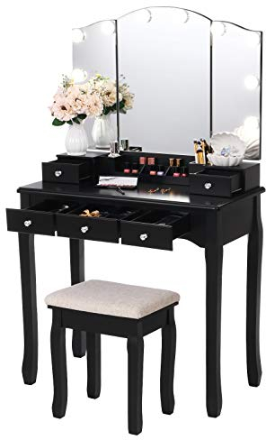 ANWBROAD Schminktisch Eitelkeit Set Tri-Folding Spiegel 10 LED Glühbirnen Eitelkeit Schreibtisch Eitelkeit Tisch mit 5 Schubladen 2 DIY Teiler gepolstert Hocker bewegliche Organizer Schwarz BDT05B