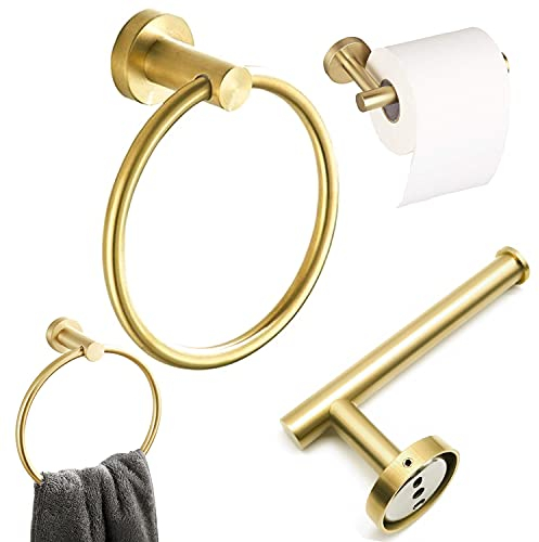 QISF Towel Ring and Toilet Roll Holder Bathroom Accessories Set, Stainless Steel Brushed Finish Wall Mounted, Towel Rail Towel Holder Hook Toilet Paper Holder ((Golden)