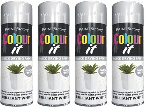 HitlineUK WHITE PAINT SPRAY, BRILLIANT WHITE GLOSS FINISH SPRAY PAINT DECORATIVE WOOD METAL PAINT COLOUR - IT 250ML (4 CANS)