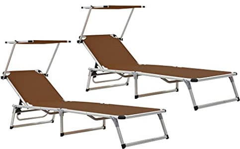 vidaXL 2X Sonnenliege Klappbar mit Dach Gartenliege Strandliege Gartenmöbel Liege Relaxliege Freizeitliege Campingliege Aluminium Textilene Braun