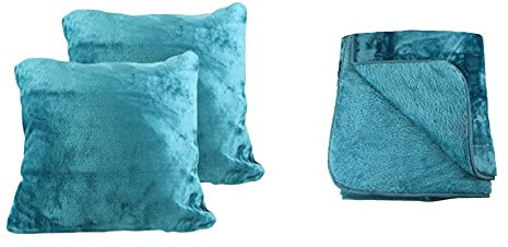 Amago Kuscheldecke (130 x 170 cm) + Kissenbezug 2er Set (50 x 50 cm), Cashmere-Feeling - Petrol