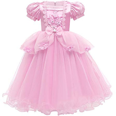 IWEMEK Filles Cendrillon Costume Princesse Robe Longue en Tulle Manches Bouffantes Conte De Fées Cosplay Halloween Carnaval Costume Noël Anniversaire Fête Enfants Déguisements Rose 3-4 Ans