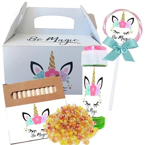 Gift Box Scatoline gadget fine festa a tema personaggio a scelta con lecca lecca caramelle bolle di sapone pastelli e adesivi cotillon fai da te dono regalo candy party bag (Magic Unicorn)