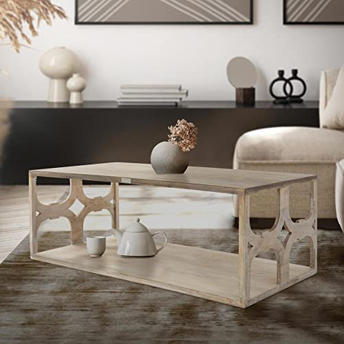 WOMO-DESIGN Couchtisch 120x60x46 cm, rechteckig, Braun (Natur), Orientalisches Muster, Unikat, handgefertigt aus Massivholz, Mangoholz, Vintage, Sofatisch, Kaffeetisch, Wohnzimmertisch, Beistelltisch