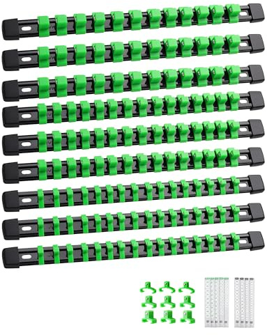 ALOANES 9PC Socket Organizer, Socket Rails Fit 1/2, 1/4 and 3/8 Drive | Heavy Duty ABS Socket Holders Hold up 129 Sockets for Toolbox Drawer Bags(Green)