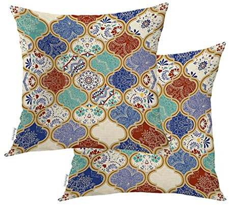 BaoNews Moroccan Trellis Outdoor Throw Pillow Covers,Turquoise Patchwork Islam Arabic Indian Water Resistant Linen Cushion Cover Hidden Zipperl Indoor Pillows for Hair Skin Square 18X18 In 2 Pcs
