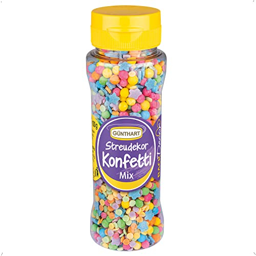 Günthart BackDecor Streudekor Konfetti Mix in den 6 knalligen Farben rosa, grün, blau, gelb, orange und lila, als Zucker Kugeln, Zucker Sterne und Zucker Konfetti, 1er Pack (1 x 100 g)