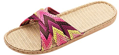 Sandales pour femme - Chaussons d'été bohémiens - Sandales à plateforme - Sandales à bout ouvert - Pantoufles en lin - Sangle croisée colorée - Sandales de paille pour femme, Rose, 35