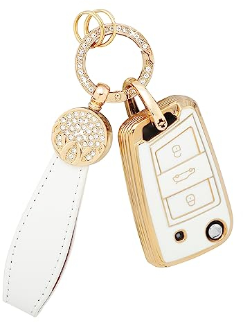 BLINGOOSE Autoschlüssel Hülle für VW Golf 7 MK7 Tiguan T ROC Cross Polo Touran Taigo Zubehör 3-Tasten Auto Schlüsselgehäuse Schutz Glitzer Schlüsselanhänger TPU Girly Frauen Weiss Gold