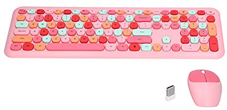 Topiky Wireless Keyboard and Mouse Combo, 2.4G Retro Multi Color with Number Pad Cute Keyboard, Silent Keyboard and Mouse for Computer, Laptops. (Pink mixed color keyboard and mouse set)