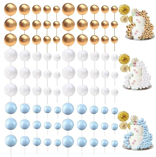 Tortendeko Kugeln, 108 Stück Kuchenaufsätze, Tortenaufsatz Kugeln Geburtstag Hochzeit Jahrestag Party Kchenaufsatz (Gold, Weiß, Blau, 5 Größen bestehen)