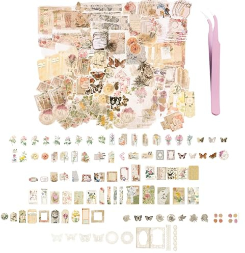 Eowppue 290PCS Scrapbooking Vintage Sticker, Retro Journaling Material, DIY Scrapbook Sticker Set, Journal Dekoration