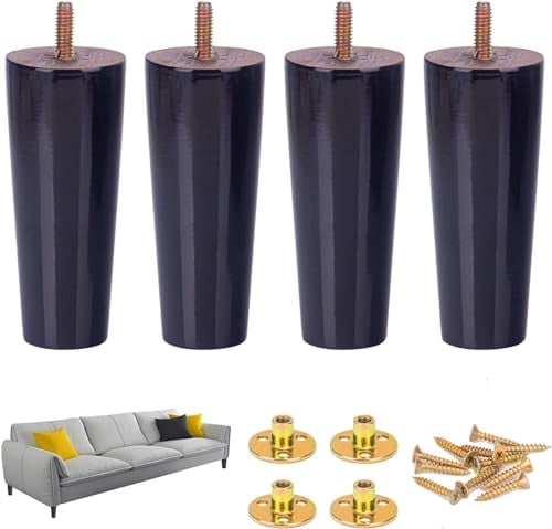 15 cm / 6 Inch Wooden Furniture Legs Set 4 PCS Cone Shaped Oak Wood Furniture Replacement Feet Legs with Mounting Plate & Screws for Sofa TV Cabinet Bed Dining Table Couch Cabinet Chair - Black