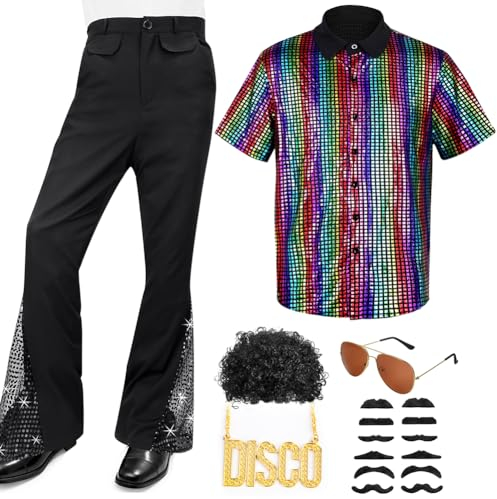 Herren 70er Retro Kostüm 17 Stück Disco Herren Kostüm Set, Herren Hippie 70er Jahre Kurzärmelige Hemd und Schlaghose mit Perücke Sonnenbrille Schnurrbart DISCO zeichen Kettenring Disco-Zubehör (XXL)