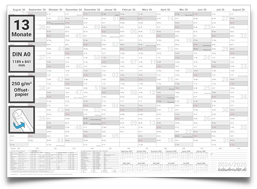 Kalenderoutlet XXL Schülerkalender 2024/2025 Schulplaner grau DIN A0 groß 118,8x84,0cm 250g premium gerollt. Schuljahreskalender für Schüler und Lehrer in deutscher Sprache
