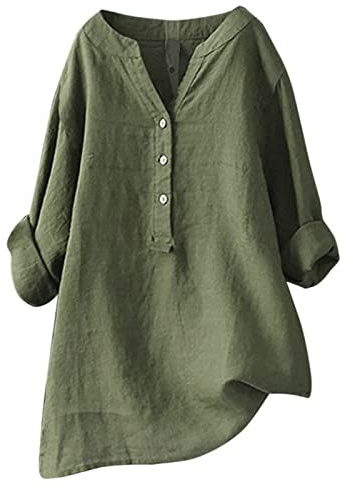 Chemisier Femme Chic et Élégant Coton Et Lin Chemise Col en V Bouton | Eté Manches Longues Printemps Tshirt Couleur Unie Respirant Coton Lin Tunique Grande Taille Pas Cher