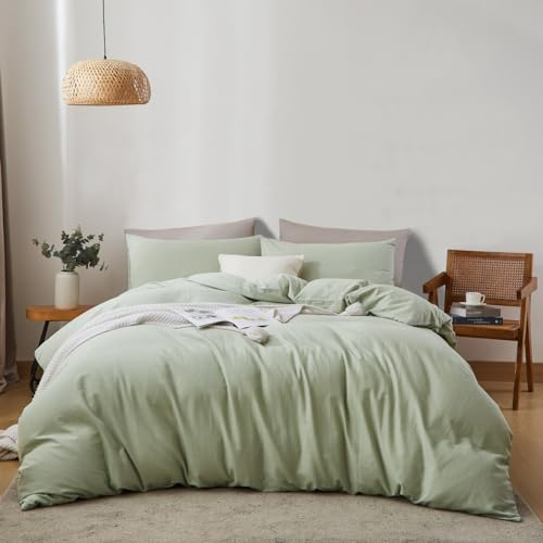 Lanqinglv Doppelte Musselin Bettwäsche 135x200 Baumwolle Leinen,ÖKO-TEX Bettwäsche Lakritzgrün mit Reißverschluss,1 Bettbezug mit Reißverschluss und 1 Kissenbezug 80x80cm