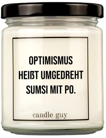 candle guy Duftkerze | Optimismus heißt umgedreht Sumsi mit Po | Handgemacht aus 100% Sojawachs | 70 Stunden Brenndauer