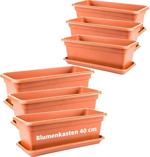 LIVINJA Terrakotta Blumenkasten 40cm mit Untersetzer â€“ 6er-Set, Robuste Balkonkästen, Terracotta-Finish, Qualitätskunststoff, Made in EU
