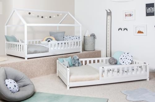 TiCAA 2 in 1 Bodenbett wandelbar mit abnehmbaren Dach 90x200 cm, 100x200 cm, 120x200 cm, 140x200 für Jungen & Mädchen, inkl. Rolllattenrost, Rausfallschutz variabel, weiß aus Kiefer Massivholz