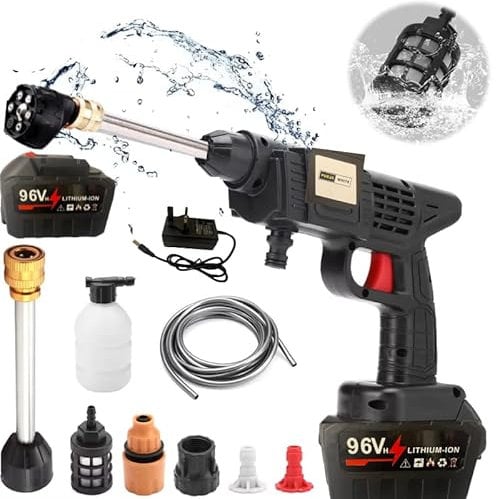 Purja White 6 in 1 Cordless Pressure Washer Kit, Lithium-Ion Battery 96v, 2800 PSI - Use Any Water Source - Inc 5m Hose, Hose Connector, Soap Dispenser Bottle & Hard Carry Case. (96v single battery)