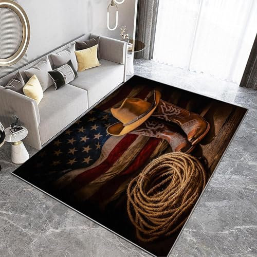 Teppich Amerikanische Flagge Cowboystiefel Hut Seil rutschfest Waschbar Teppich,120 x 170 cm Druck Teppich für Dekoration Schlafzimmer Kinderzimmer Wohnzimmer Kurzflor Dunkel Teppich