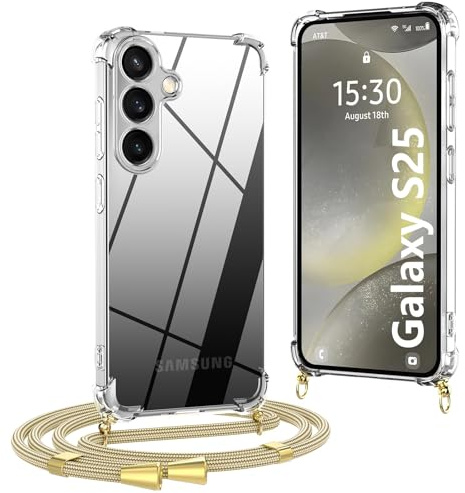 OLEPHY Handykette für Samsung Galaxy S25 5G Hülle mit Band, Golden | Necklace Hülle mit Band, Handyhülle zum Umhängen, Soft Transparent Case mit Kordel, Stoßfeste Schutzhülle,