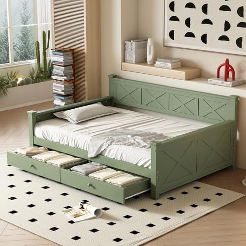 Gegtuon Schlafsofa Einzelbett Kinderbett 90x200 cm für Kinder, Bett Holzbett Sofabett mit 2 Stauraum Schubladen, Daybett Flachbett Tagesbett Bettgestell mit Lattenrost aus Holz, ohne Matratze (Grün)