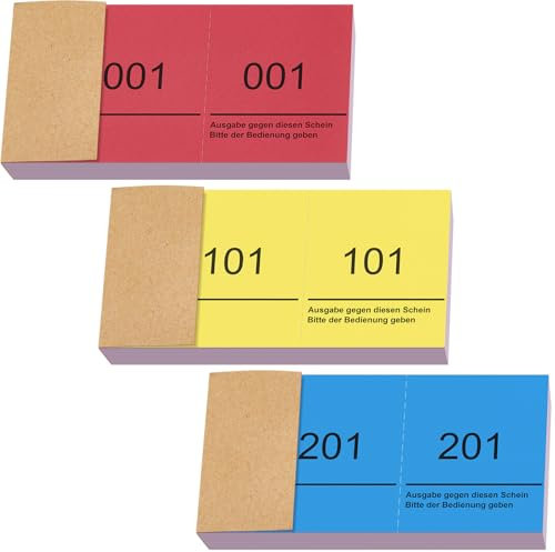 Nezyo Doppelnummern Blöck 1-300 Tombola Lose mit Zahlen Nummernblöcke Zahlenblöcke 10cm X 5cm Raffle Tickets für Garderobe Verlosung Events Messen Eintrittskarten und Leckereien(Rot, Gelb, Blau)
