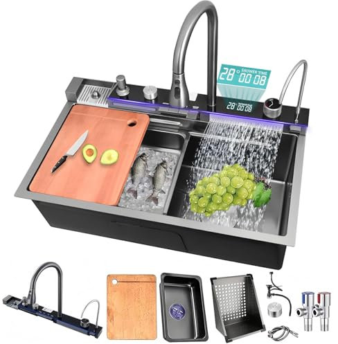 Fregadero de Cocina Multifuncional en Acero Inoxidable 304, 1 Seno Empotrado con Grifo de Extracción y Accesorios (Negro, 75x45cm)